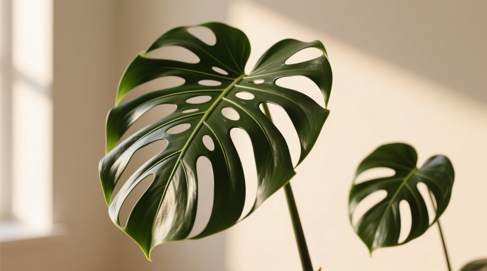 Summer indoor season - Monstera deliciosa showing natural fenestration pattern that distinguishes it from similar-looking Philodendron species for tropical plant identification