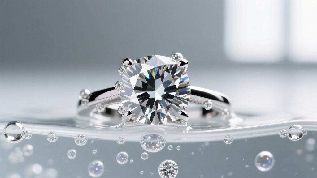 Macro view of a platinum diamond ring submerged in clear cleaning fluid, showing micro-bubbles on the pavilion facets