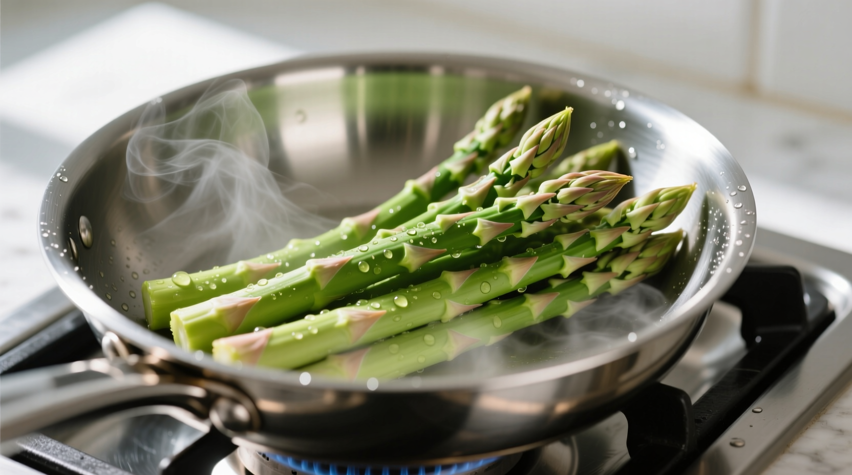 Fresh asparagus spears cooking in stainless steel pan