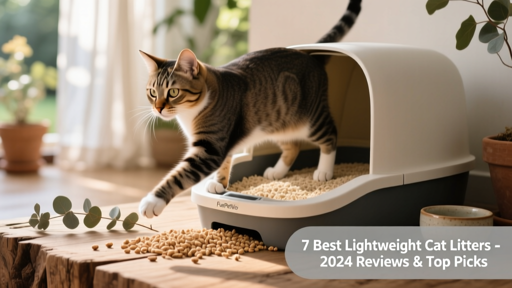Cat using litter box filled with light tan FurPetVo Natural Pine Pellets, showing clean paws and minimal tracking