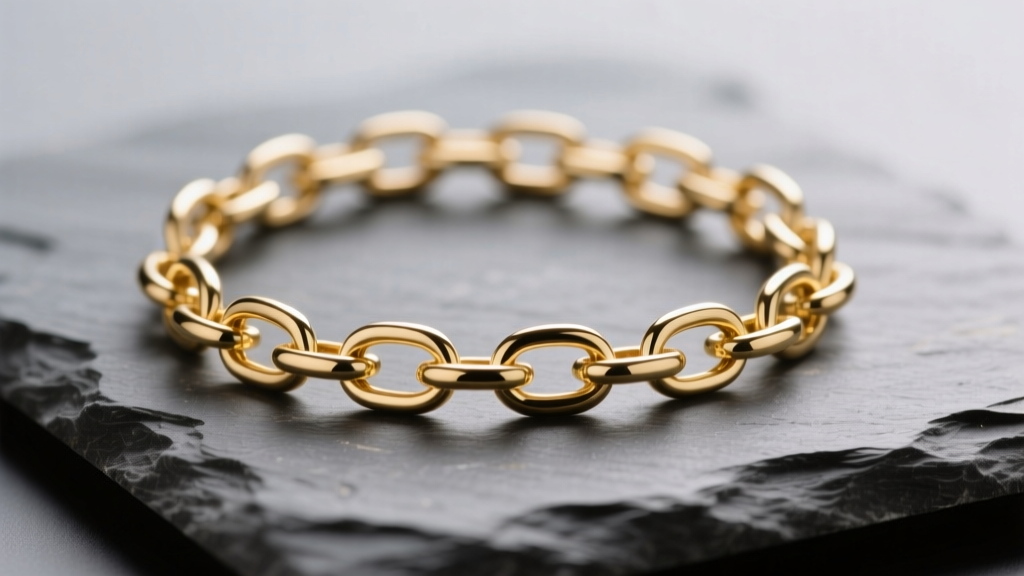 Macro photo of an electroformed 18k gold hollow chain on slate, revealing seamless lightweight links under soft studio lighting.