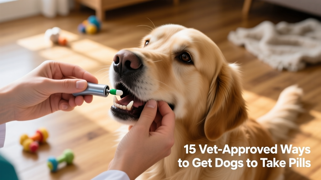 A close-up of hands demonstrating how to safely hold a dog's muzzle and administer a pill using a pill popper tool