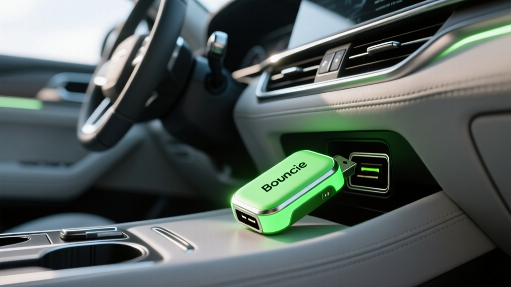 Glowing green Bouncie OBD-II tracker plugged into the diagnostic port under the steering wheel dashboard of a 2025 SUV