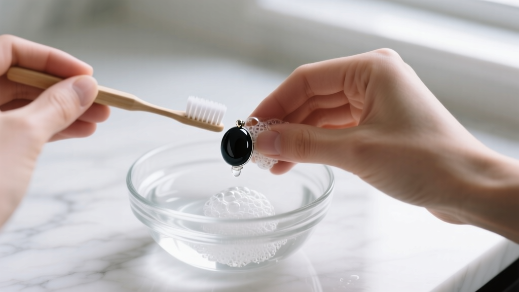 Hands gently cleaning a black onyx stud earring with a soft toothbrush and soapy water in a glass bowl on a white marble counter.