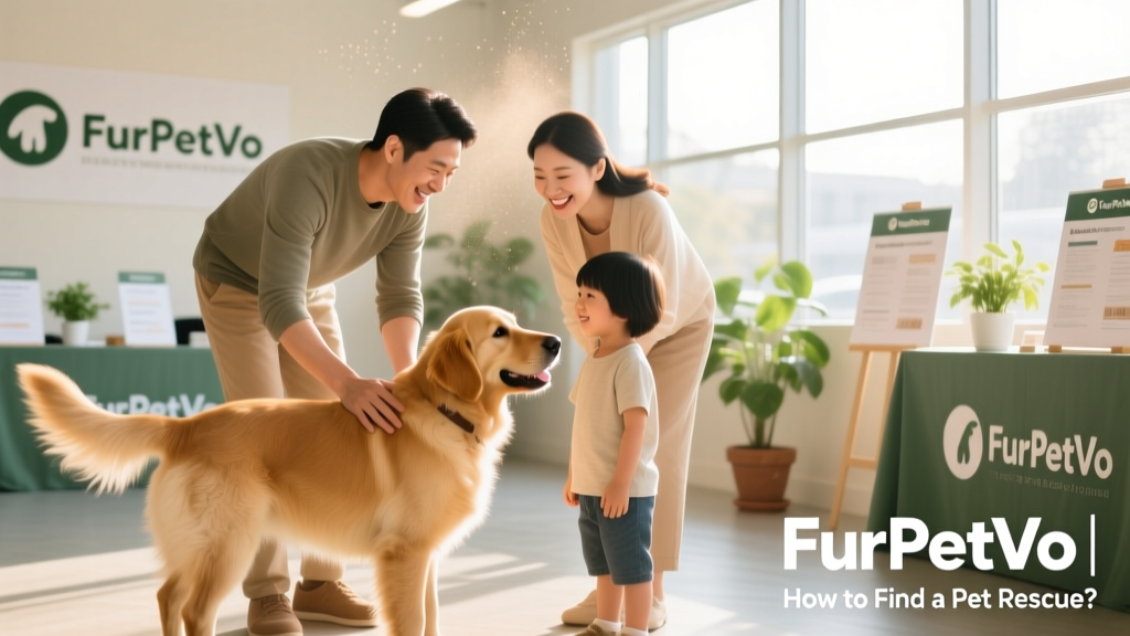 A joyful family meeting their newly adopted dog at a clean, sunlit adoption event hosted by FurPetVo