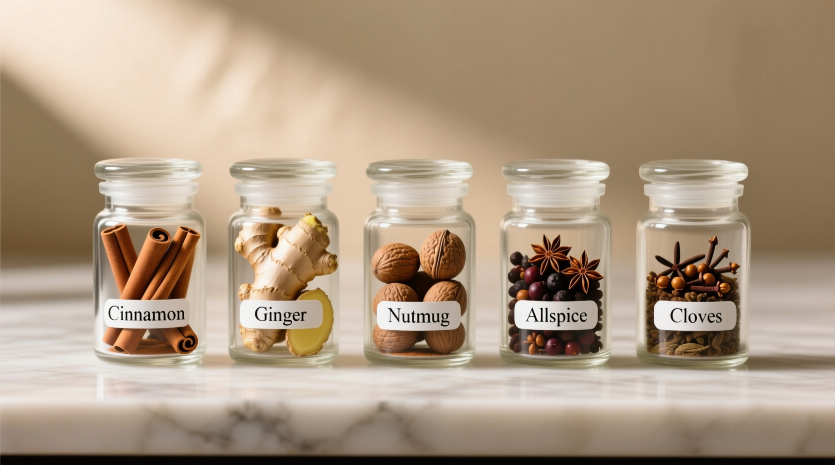 Comparaison visuelle des épices : cannelle, gingembre, noix de muscade, piment de la Jamaïque et clous de girofle