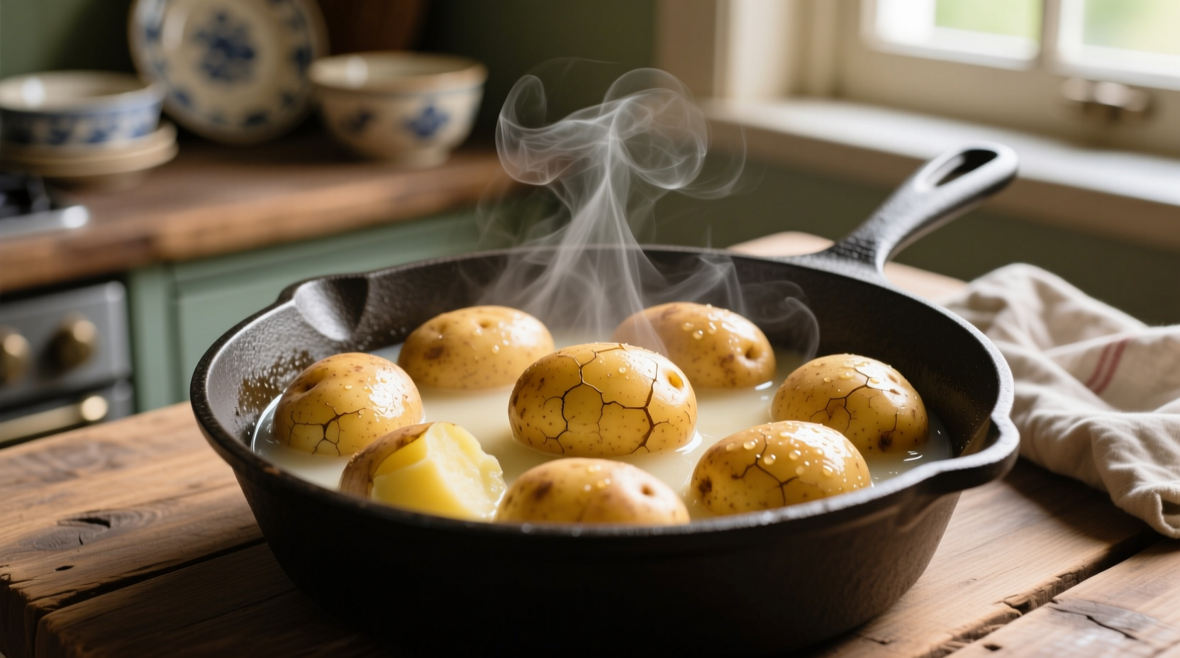 Perfectly cooked boiled potatoes in a pot