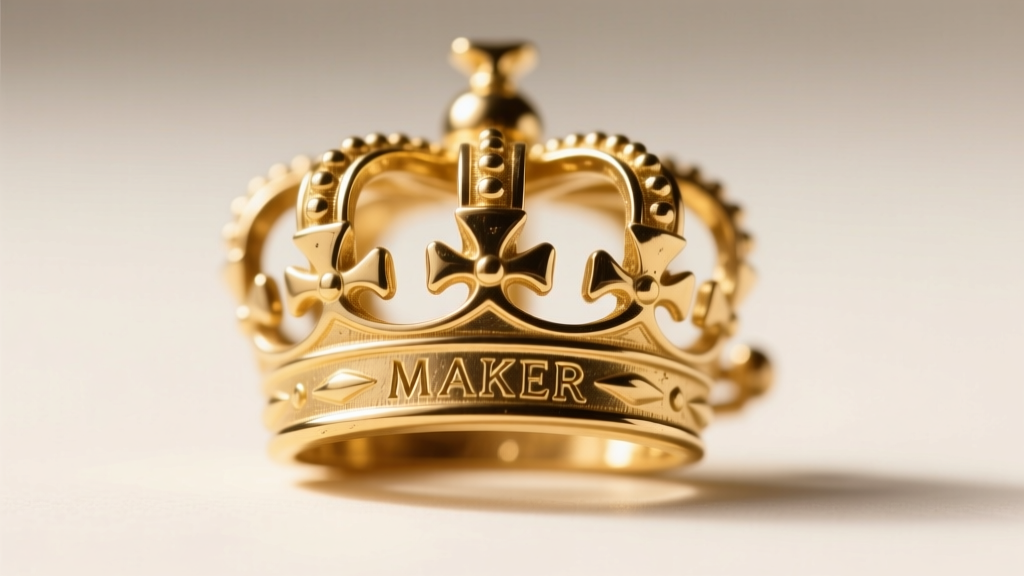 Macro shot of a vintage gold-plated brooch back highlighting a stamped crown maker