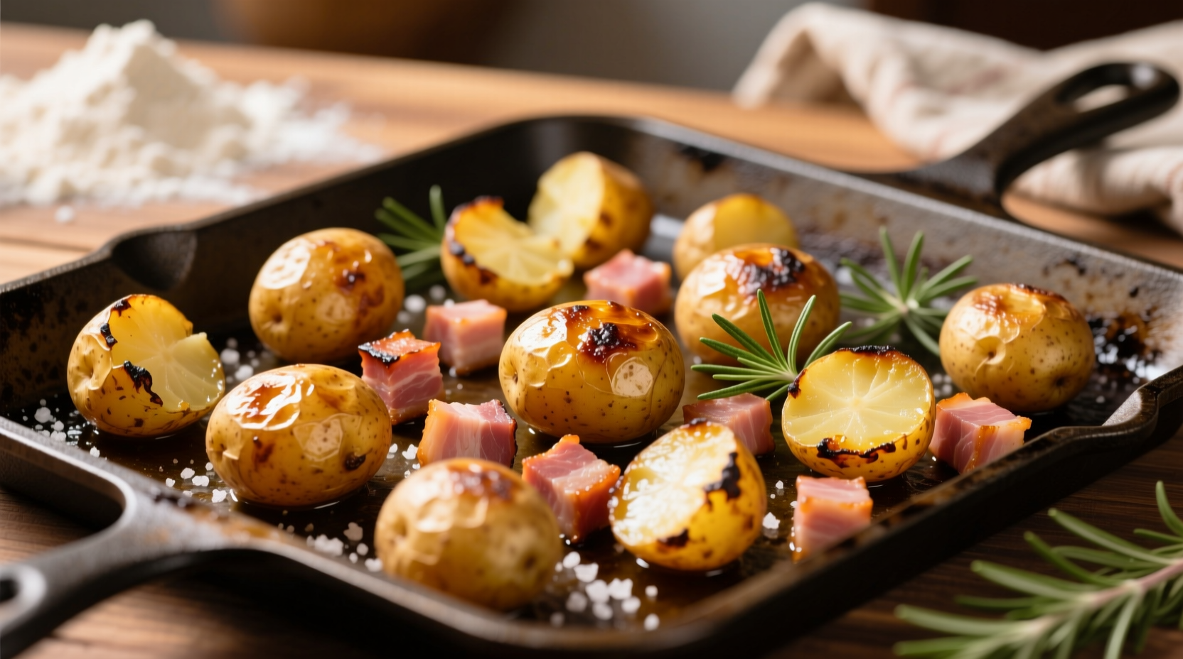 Golden roasted potatoes with diced ham on sheet pan