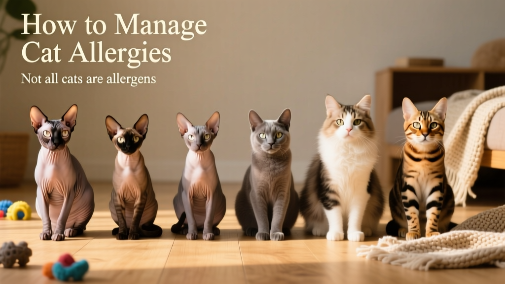 Seven cat breeds shown side-by-side: Sphynx, Cornish Rex, Oriental, Devon Rex, Russian Blue, Siberian, Bengal