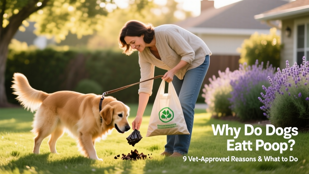 Owner walking dog on leash while promptly picking up after it with a biodegradable bag