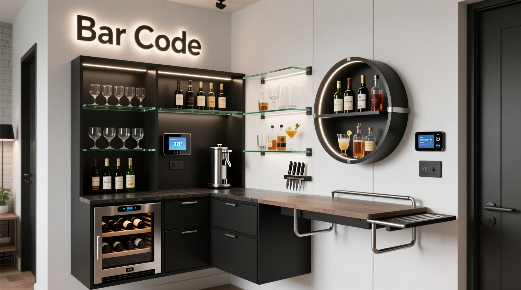 how to organize a compact home bar in a studio apartment using wall-mounted tech