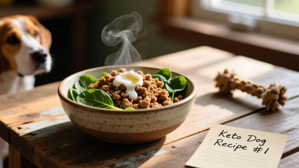 A bowl of homemade keto dog food featuring ground turkey, spinach, and coconut oil