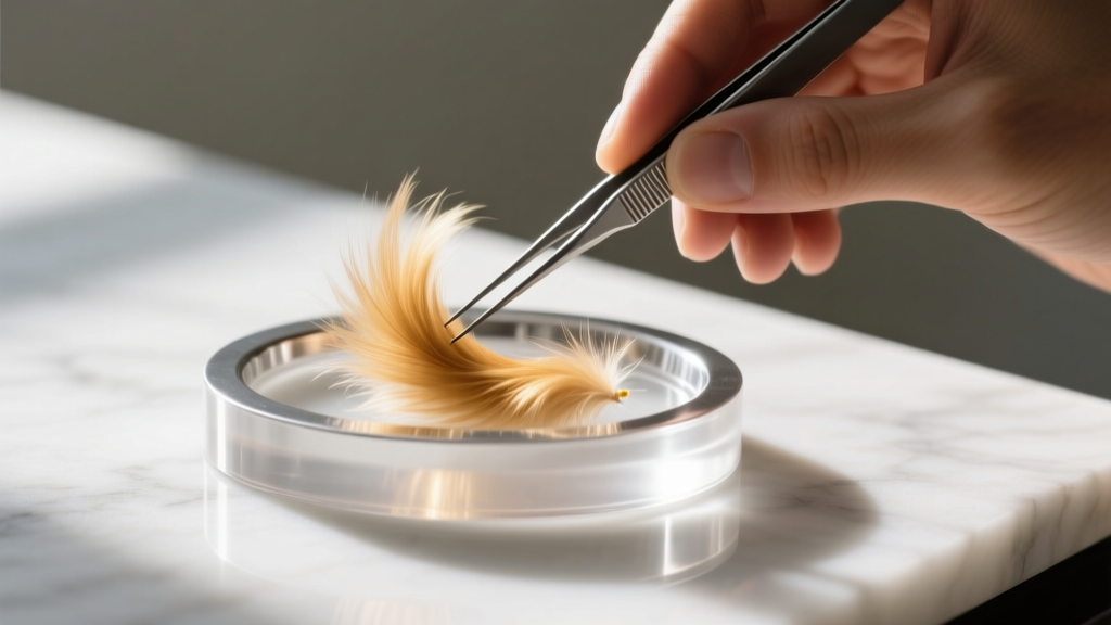 Hands using fine tweezers to place a small tuft of sealed golden retriever fur into a shallow oval silver resin jewelry mold.
