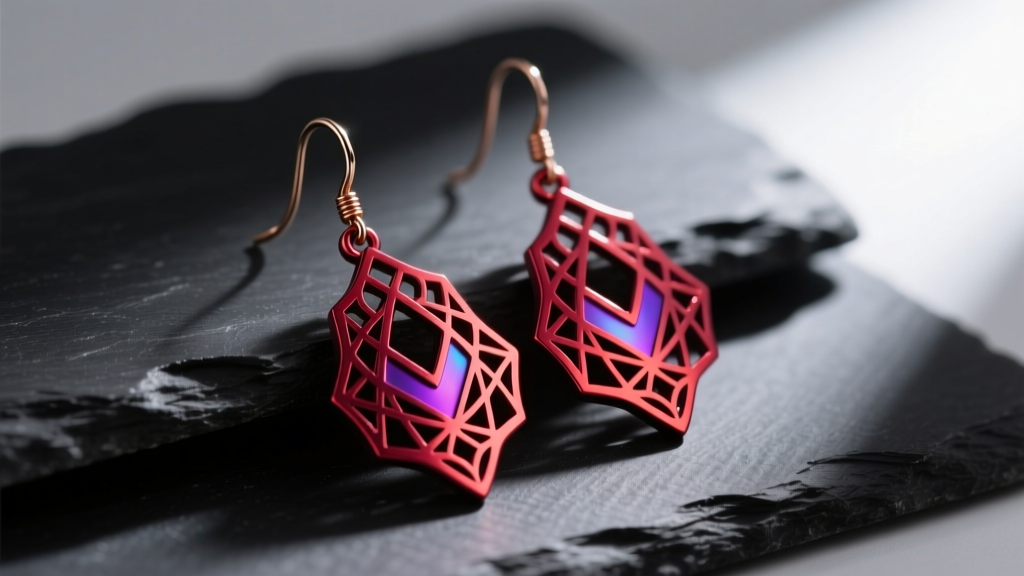 Macro photography of elaborate crimson anodized niobium drop earrings inspired by fantasy RPG designs, resting on dark slate