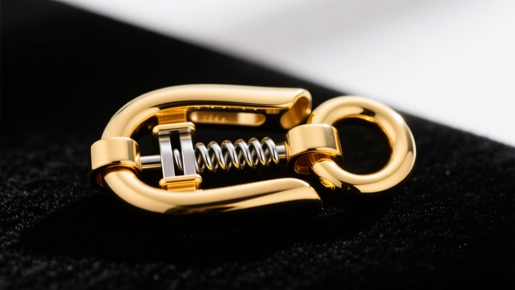 Macro shot of a 14k gold lobster clasp opened to reveal the internal steel spring and metal latch mechanism on dark velvet cloth.