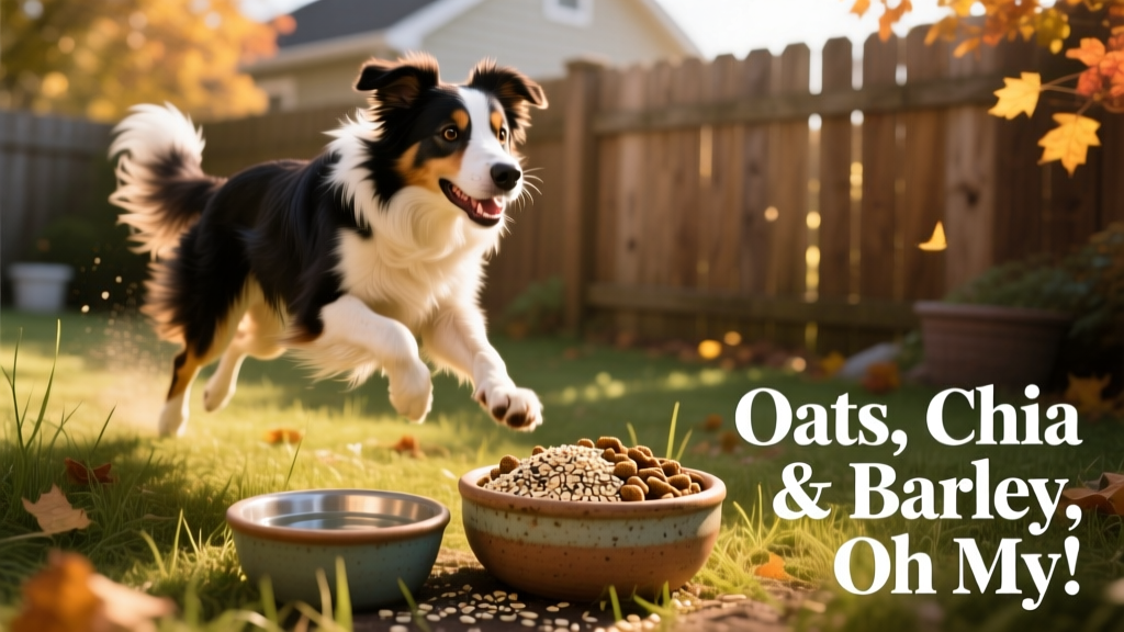 An energetic border collie mid-run, with a bowl of kibble featuring chia seeds and quinoa visible beside a water bowl
