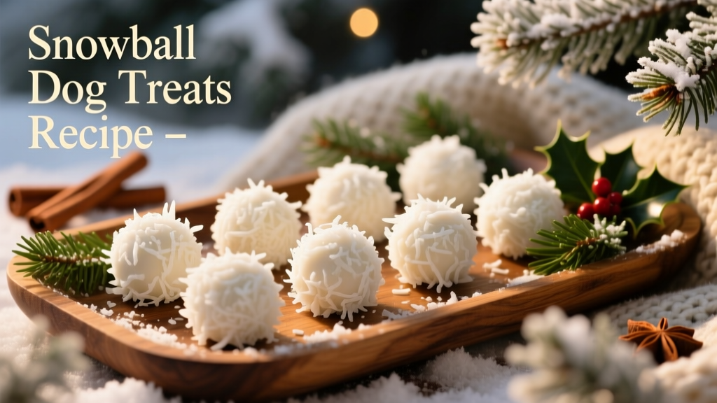 A close-up of snowy white dog treats rolled in shredded coconut, arranged on a festive holiday tray
