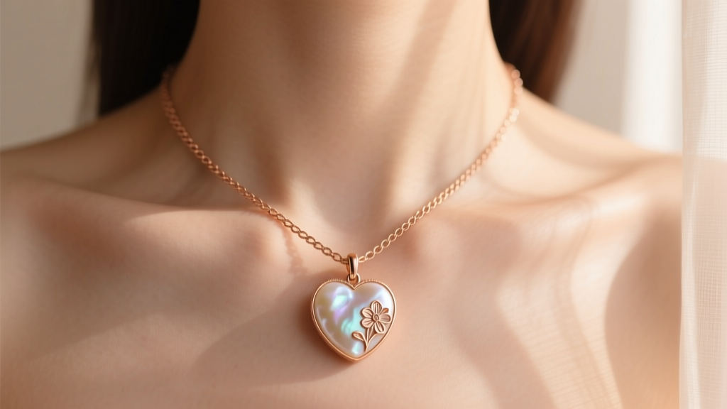 Close-up of a collarbone showing a 16-inch rose gold cable chain holding a carved mother-of-pearl heart pendant in soft lighting.