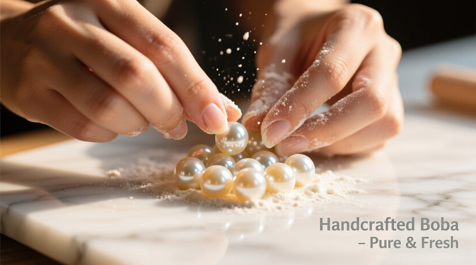 Hands shaping boba pearls on marble surface