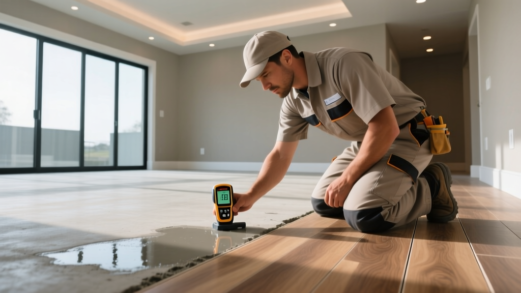 Contractor using a digital moisture meter on a concrete subfloor before installing luxury vinyl plank hard flooring in a modern home