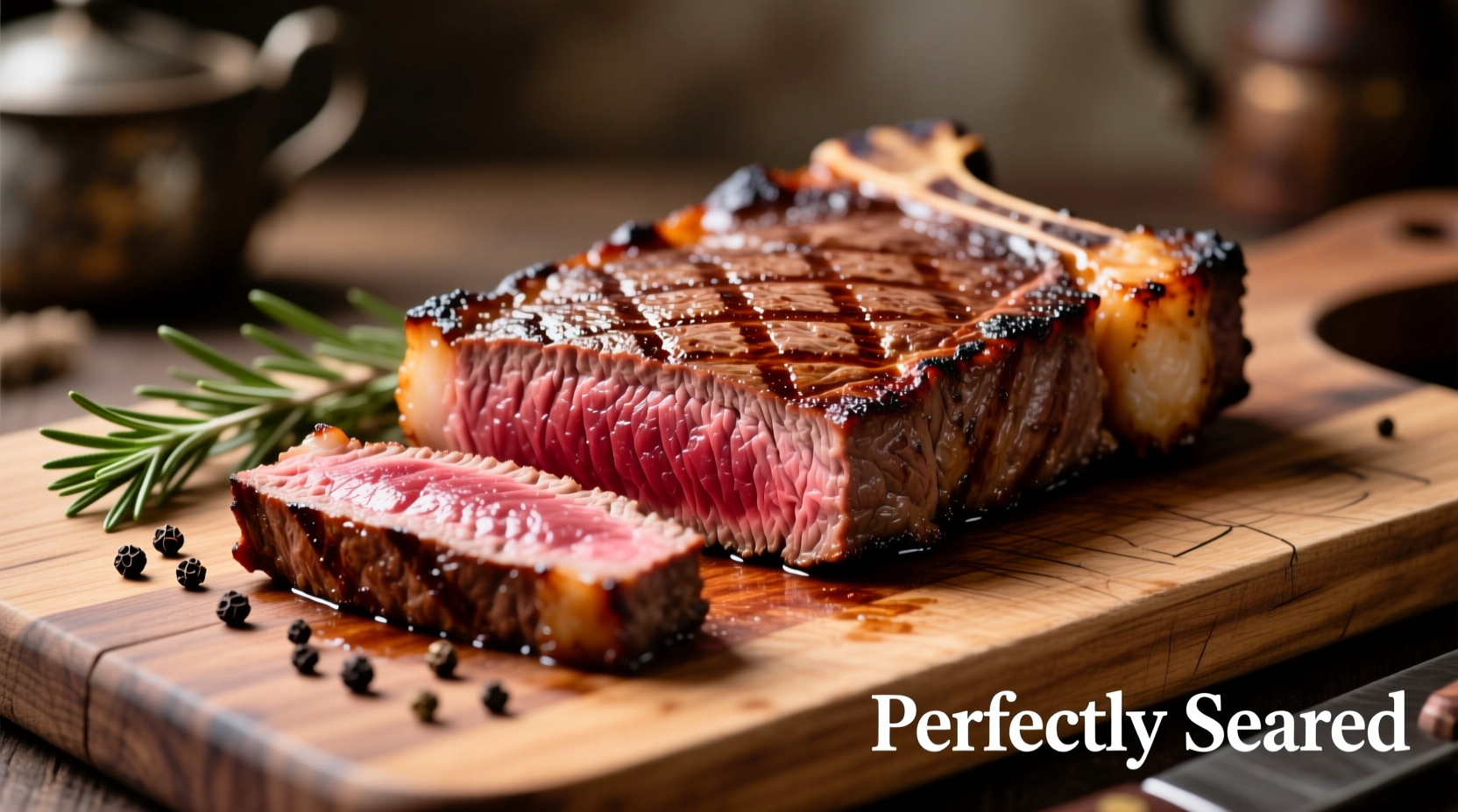Perfectly cooked NY strip steak with crust on cutting board