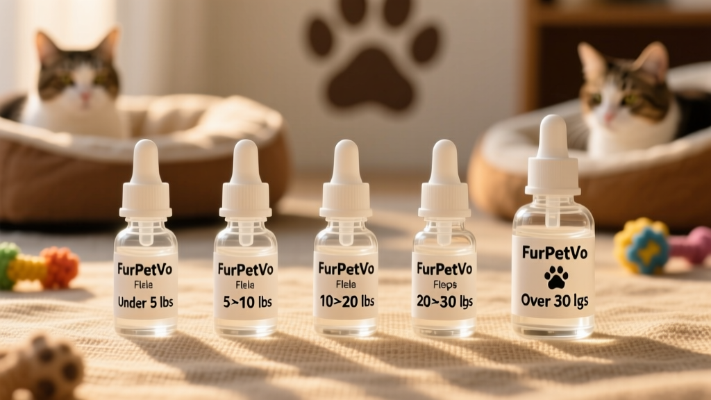 Side-by-side comparison of five small vials of FurPetVo flea drops, each labeled clearly for weight-based dosing (e.g., 'Under 5 lbs', '5–10 lbs')
