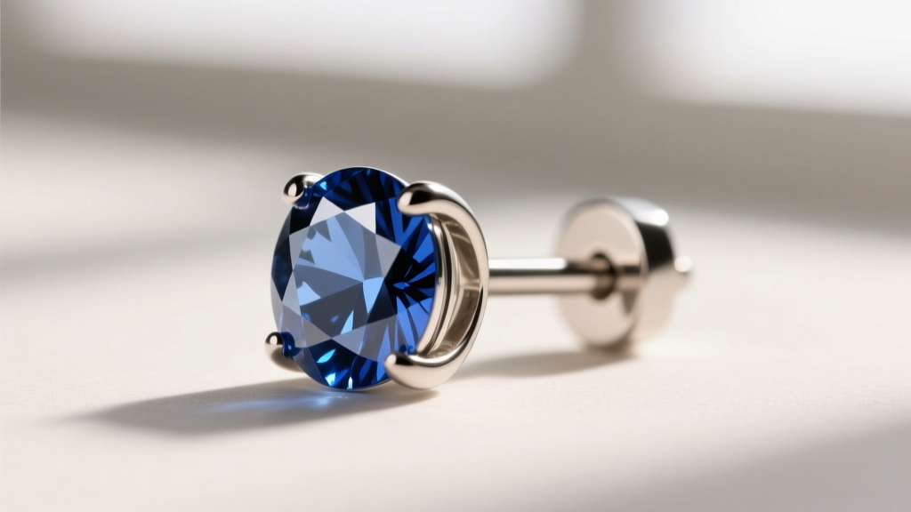 Macro photography of a lightweight titanium earring post and clutch securing a 15-carat untreated Kashmir sapphire gemstone