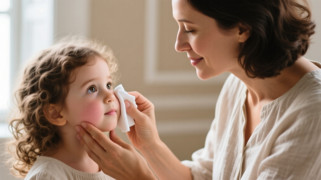 Close-up of a mother cleaning a young girl's earlobe with sterile saline spray, featuring a small 20-gauge titanium stud earring.