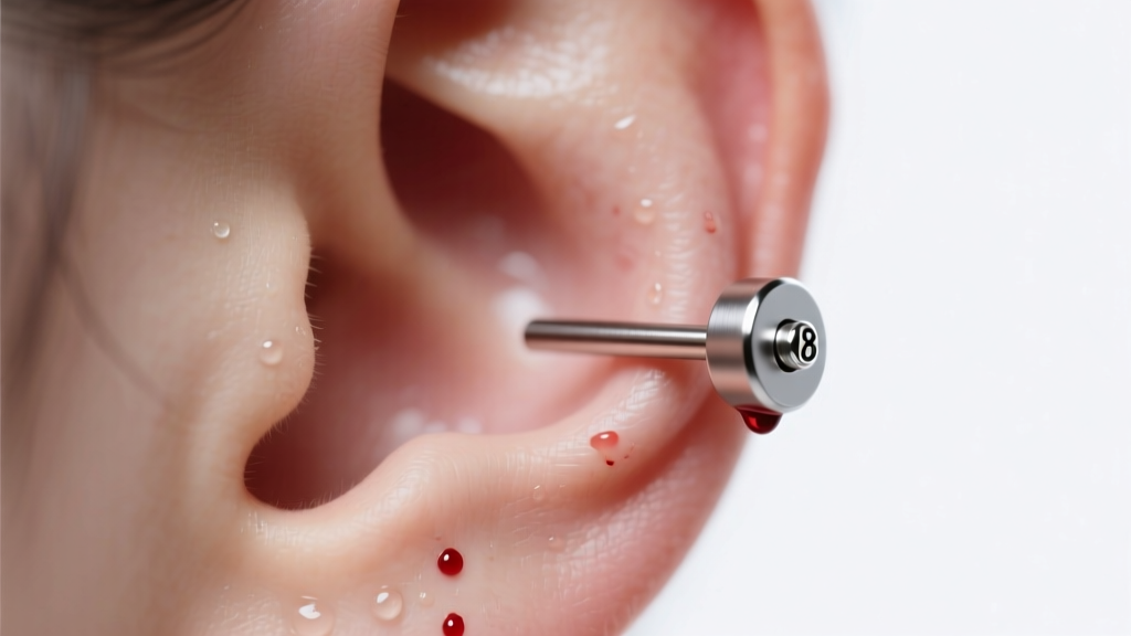 Macro shot of a fresh earlobe piercing with an 18-gauge titanium flat-back labret stud under bright, clean clinical lighting