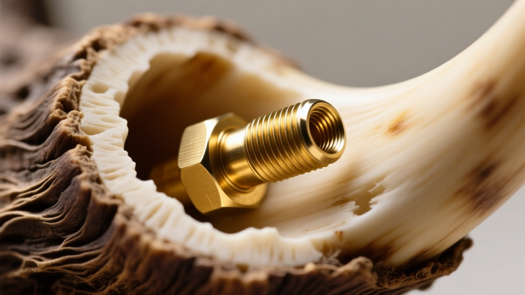 Macro shot of a threaded brass insert securely glued inside the hollow pulp cavity of a boar tusk, ready for a metal screw cap