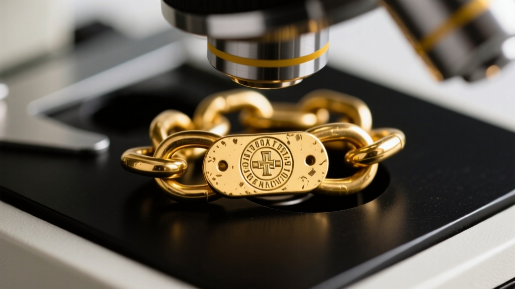 Macro view of a digital microscope inspecting conflicting hallmark stamps on a vintage European gold chain link on a dark testing mat.