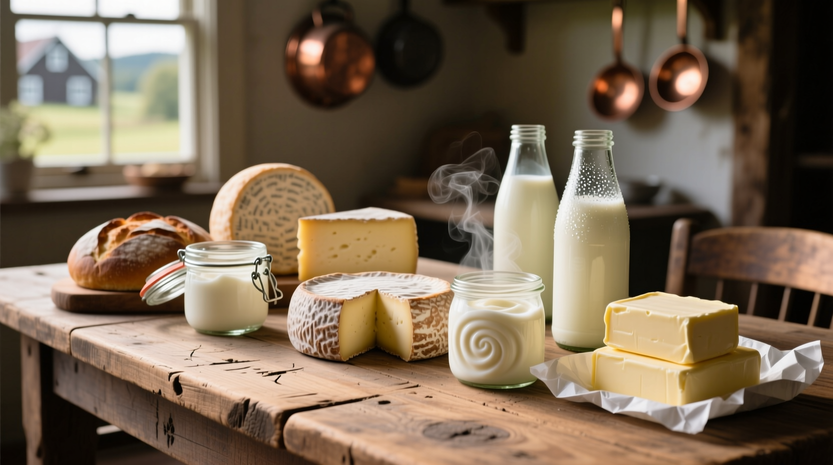 Dairy products arranged on wooden table