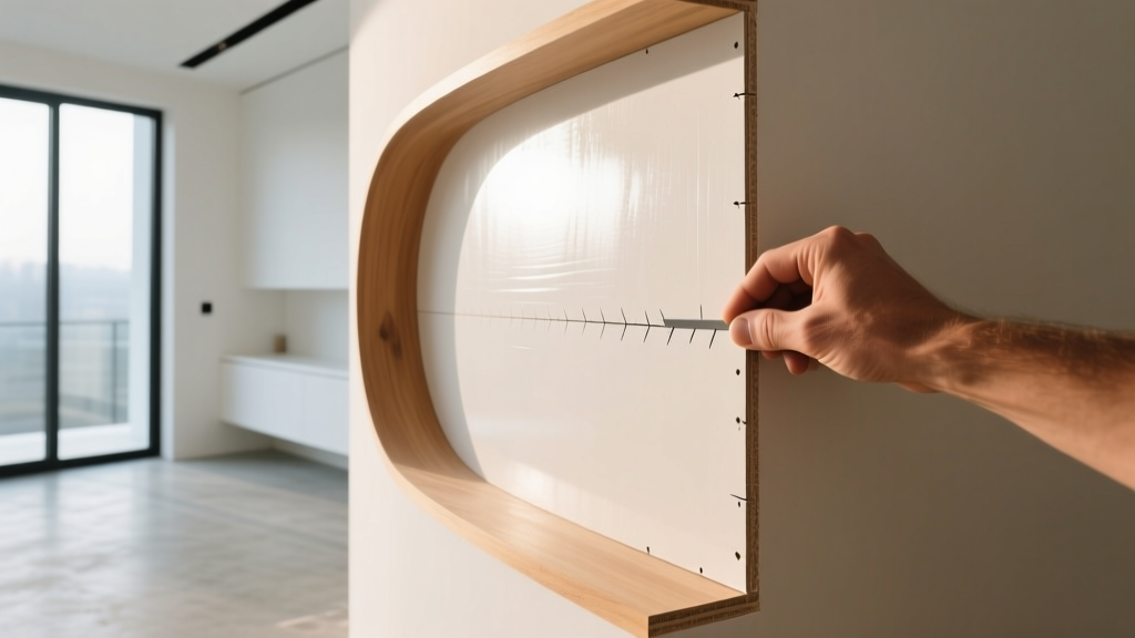 Contractor scoring and bending a thin 5/16-inch gypsum board panel around a curved wooden framed wall radius in a bright modern interior.