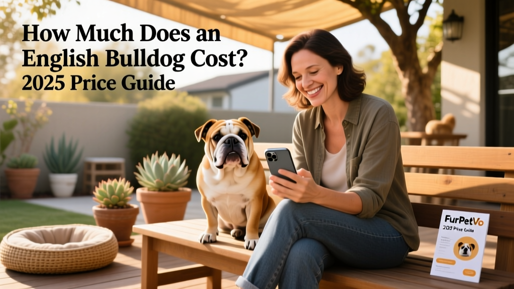 A happy English Bulldog owner reviewing FurPetVo’s mobile app on a smartphone, with dog sitting calmly beside them