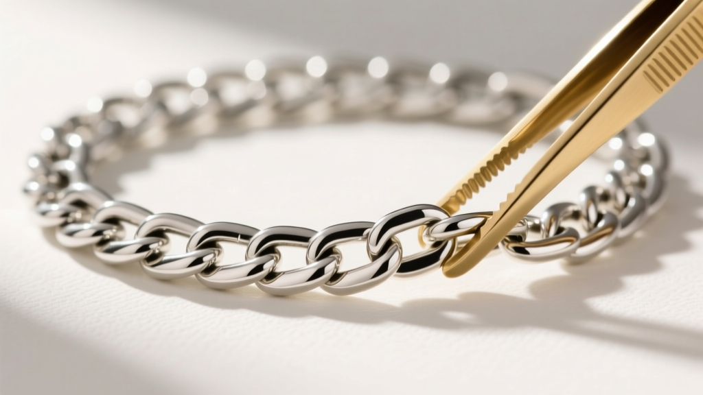 Macro shot of 14-gauge sterling silver Cuban link chain held by brass tweezers, highlighting interlocking flat polished links.