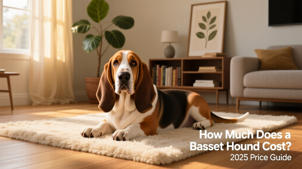 A calm, expressive Basset Hound resting on a cozy rug in a sunlit living room