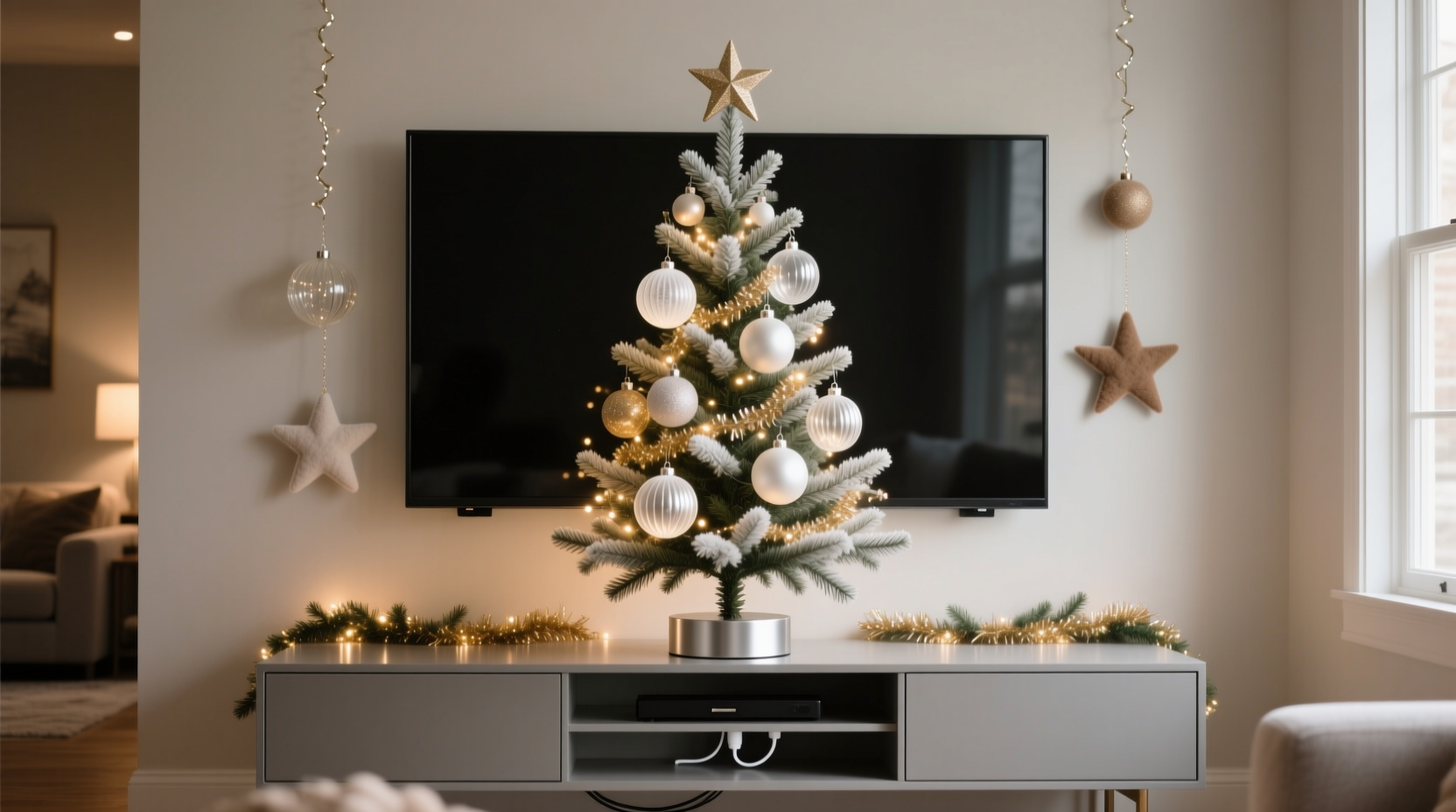 how to style a christmas tree around a tv mount without blocking the screen