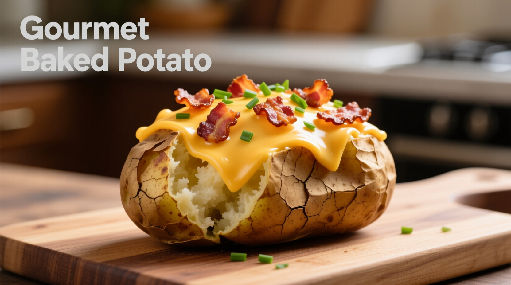 Perfectly loaded baked potato with melted cheese and bacon