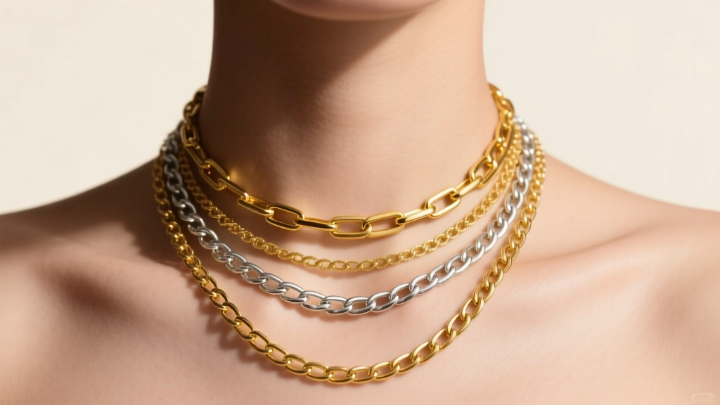 A layered necklace stack of 14k yellow gold and sterling silver chains resting on a collarbone under soft, warm studio lighting.