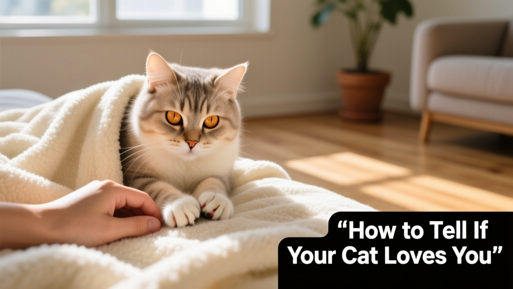 A relaxed cat kneading gently on a soft blanket next to its human