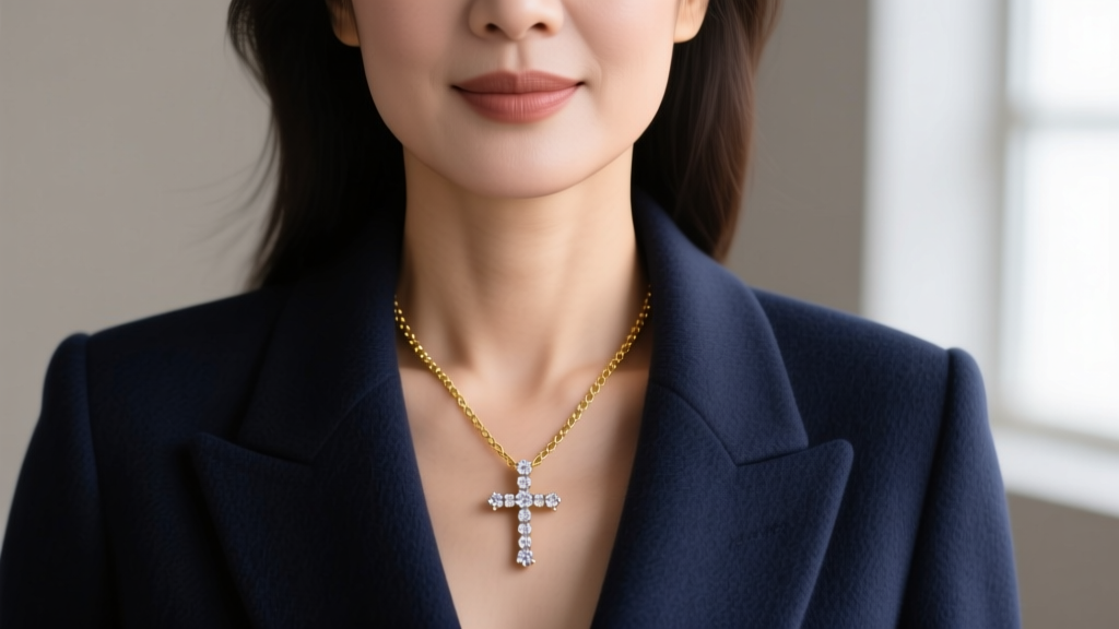 Close-up of a professional woman wearing a delicate pavé diamond cross pendant on an 18-inch gold chain against a navy blazer.