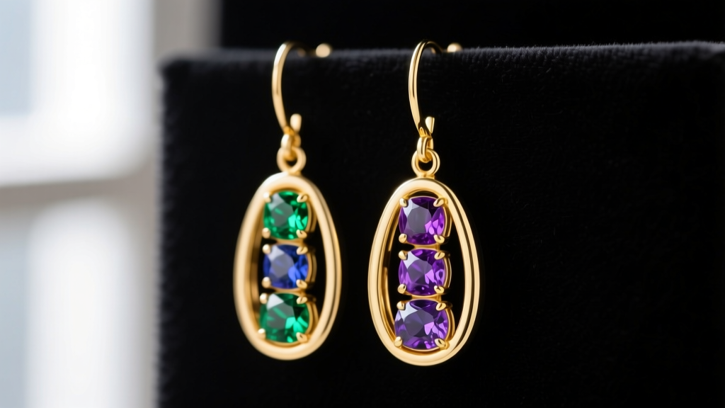 Close-up of 18k yellow gold drop earrings with bezel-set tourmaline, sapphire, and tanzanite gemstones against black velvet.