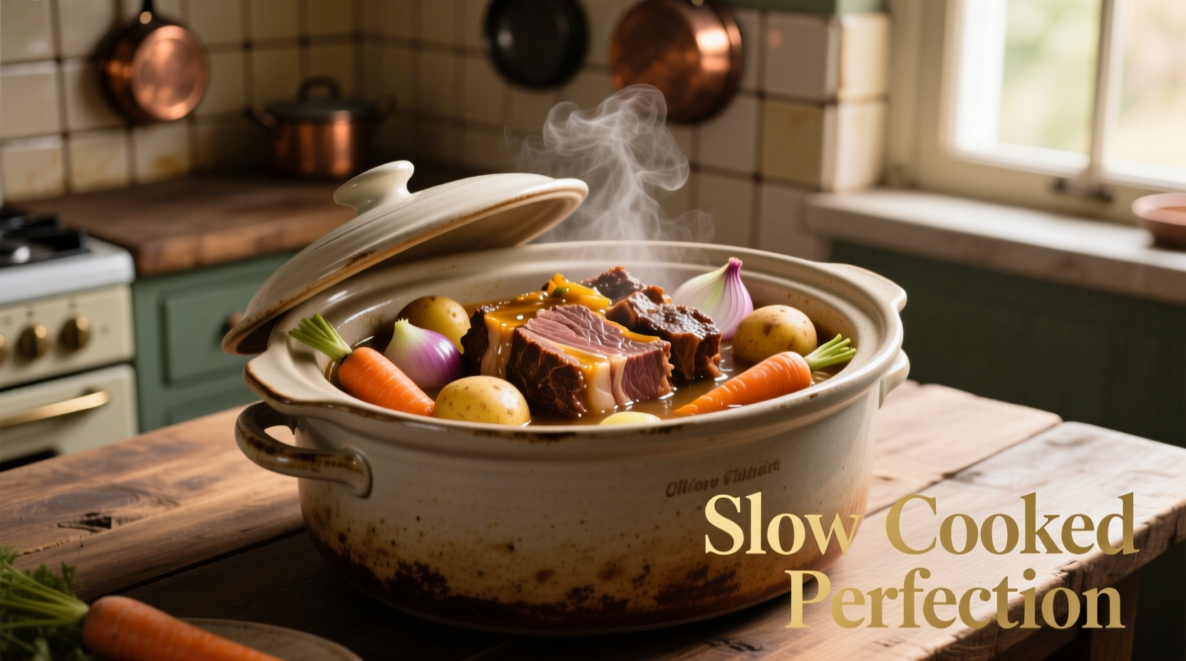 Slow cooker with chuck roast and vegetables