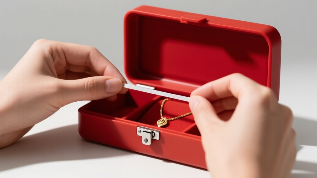 Hands placing an anti-tarnish strip into a hidden slot of a red polymer toolbox converted for delicate gold necklace storage