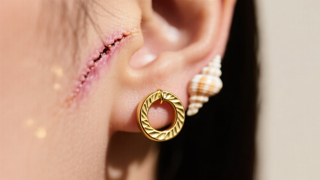 Close-up of a healed conch piercing wearing a 14k yellow gold circular earring with a hammered texture in sunlight