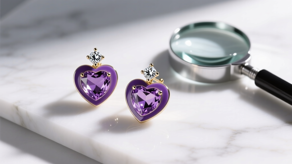 Flat lay of purple heart earrings in enamel, CZ, and natural amethyst on white marble, shown alongside a 10x jewelry loupe.