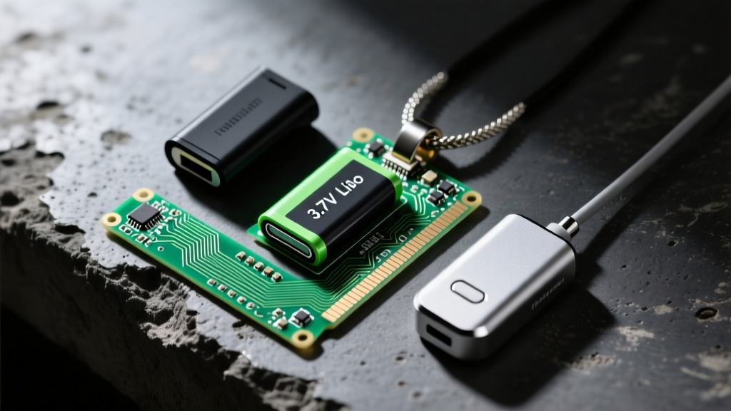 Flat lay of a disassembled micro-LED pendant showing a 3.7V LiPo battery, flexible PCB strip, and magnetic charger on dark concrete.