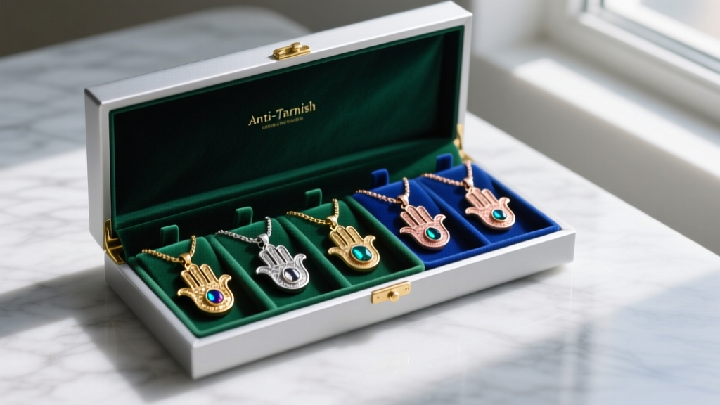 Anti-tarnish jewelry box displaying Hamsa hand pendants in individual velvet slots to prevent metal scratching and chain tangling