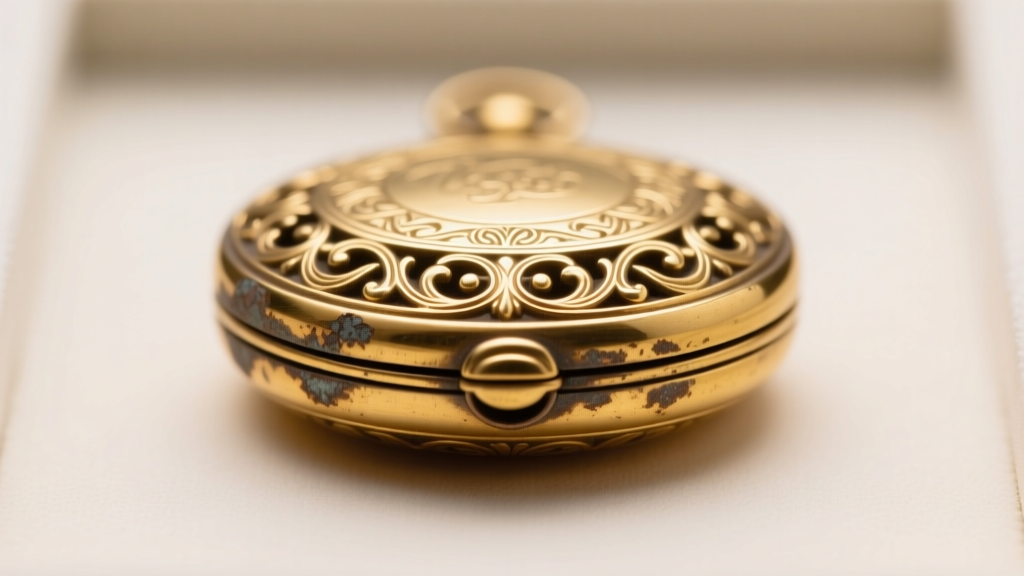 Macro photography of a Victorian rolled gold locket showing worn edges revealing the brass base metal under soft studio light.
